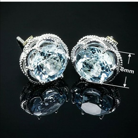 Silver Stud Earrings for Women Aquamarine Pair/set - Picture 3 of 3